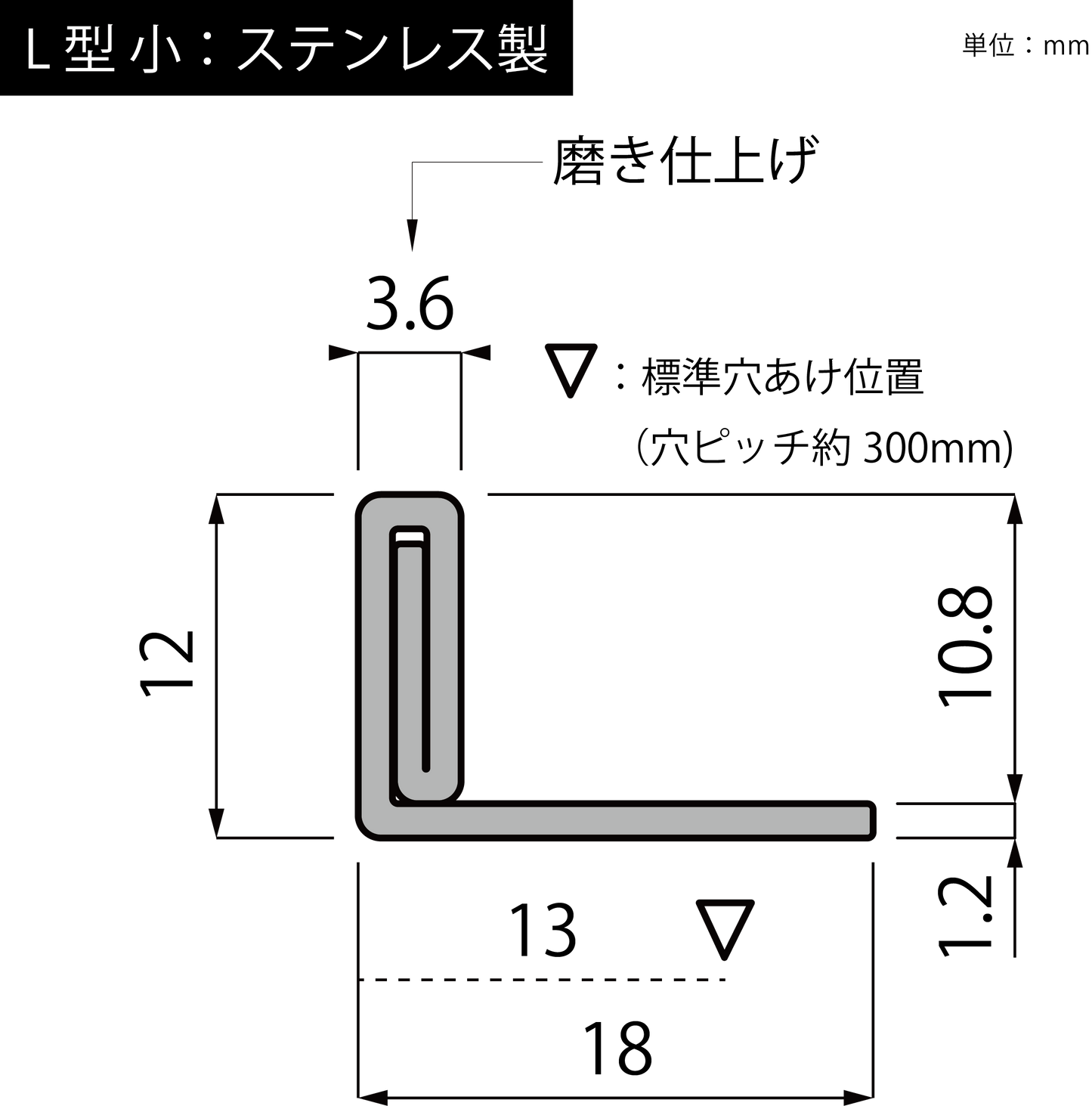 現場入不可 床見切 ステンレス L型 12×3.6-1000