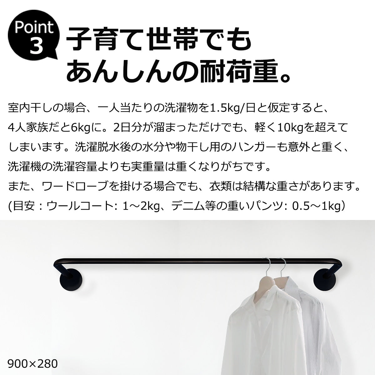 壁付け 天吊り ハンガーパイプ U字型 マットブラック 幅600mm 高さ280mm