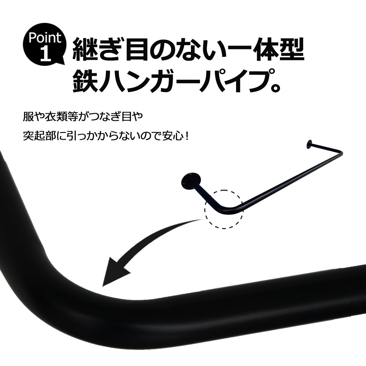 壁付け 天吊り ハンガーパイプ U字型 マットブラック 幅900mm 高さ280mm