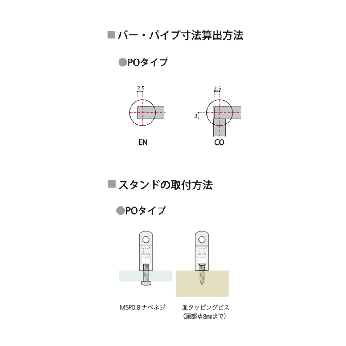 パイプガイドバー エンドスタンド POタイプ ガラス棚/木棚用 1個単位販売 個人宅発送不可 PO-EN