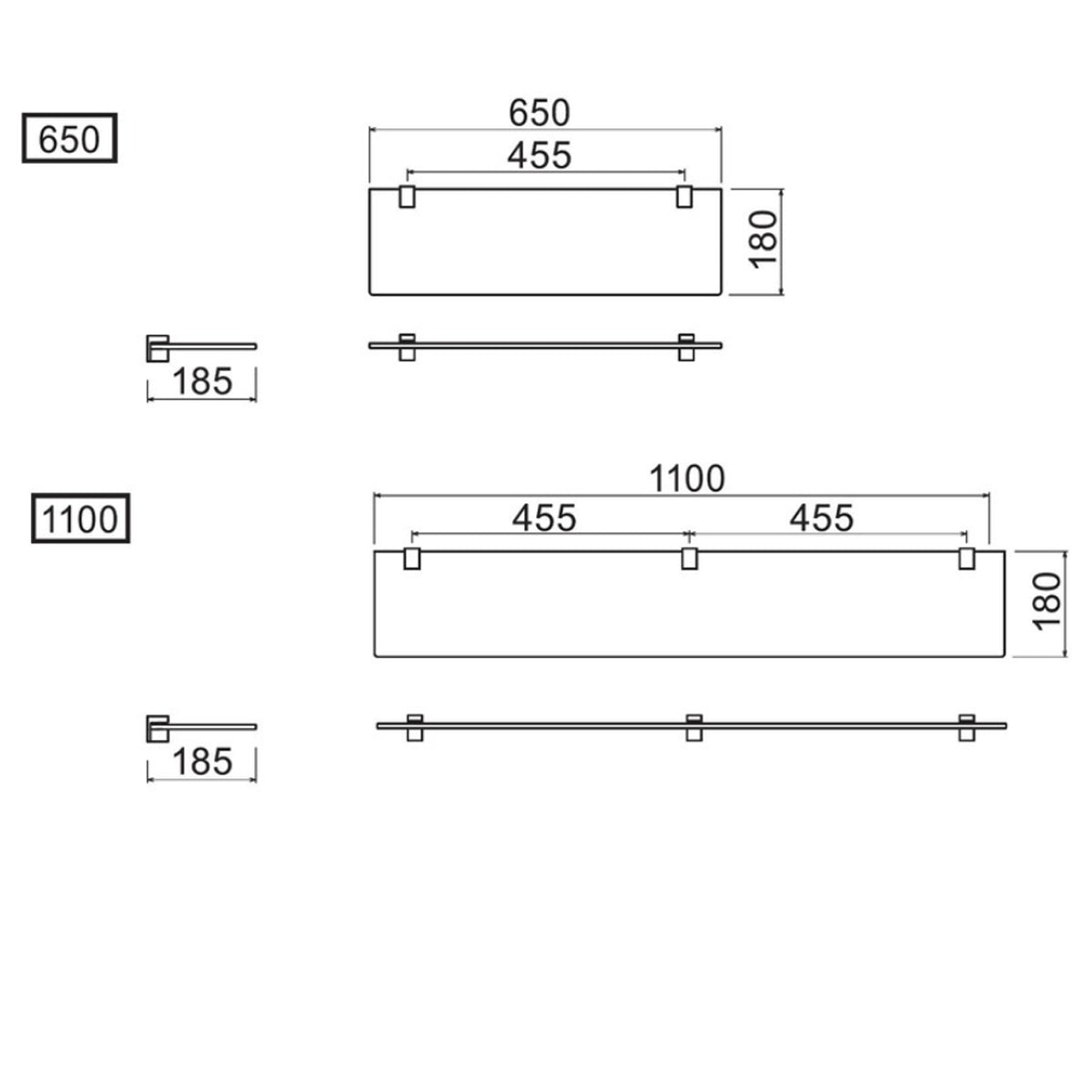 ガラスシェルフセット 650/1100mm 1セット単位販売 納期11～15営業日後発送